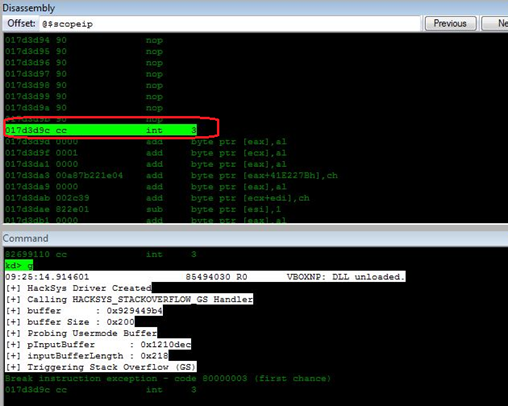 Figure 11: Executing the shellcode and halted at breakpoint