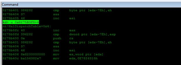 Figure 14: Reading Hal Dispatch Table Address Using Debugger