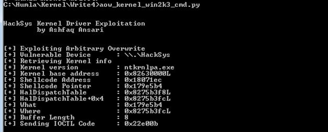 Figure 15: Executing the exploit code for Write_What_Where bug