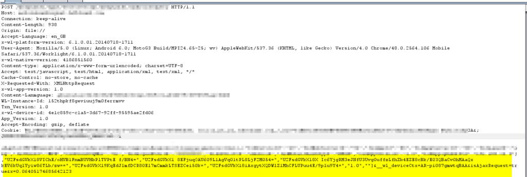 Figure 4: HTTP request with encrypted parameters values so attacker unable to tamper